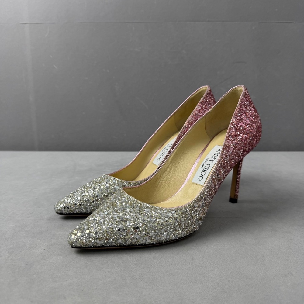 Jimmy Choo Silver-to-Pink Glitter Pointed Toe Pumps
